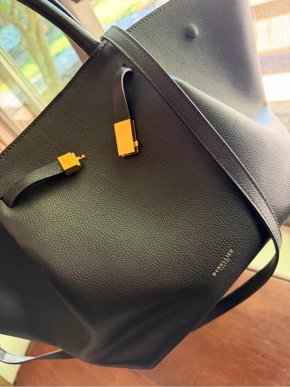 DeMellier midi Black Leather Tote with Gold Hardware
